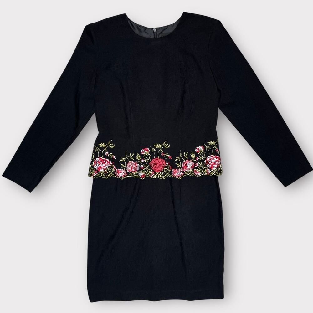 Vintage 90s/Y2K Positive Attitude Faux Suede Dress 8 Black Embroidered Sheath